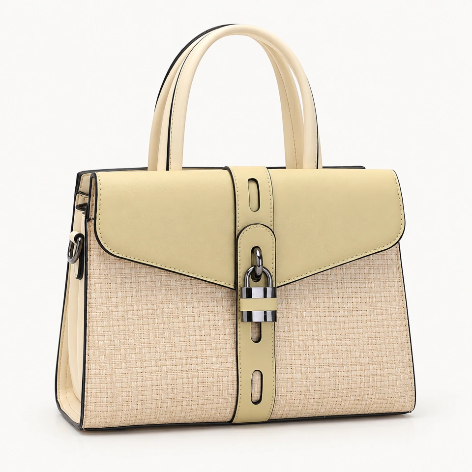 SU QUEENA 2579 pale yellow and ivory woven-panel top-handle bag.