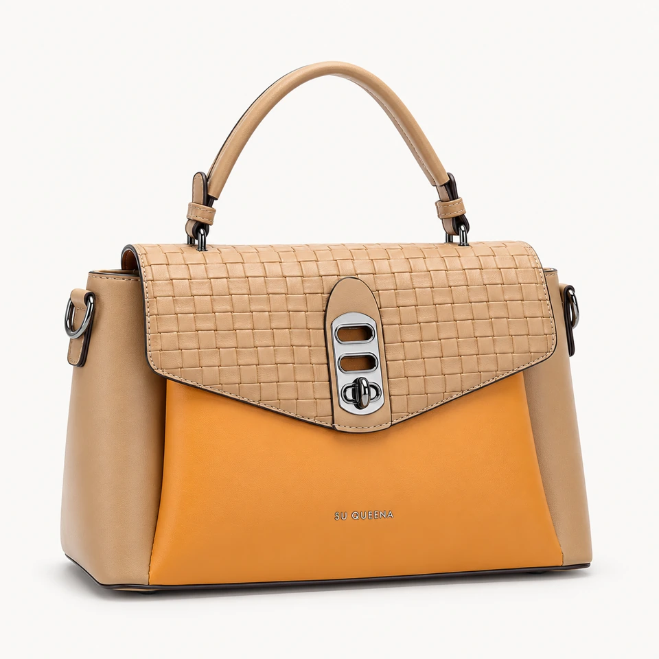 SU QUEENA 2603-1 tan and orange top-handle bag with embossed flap.