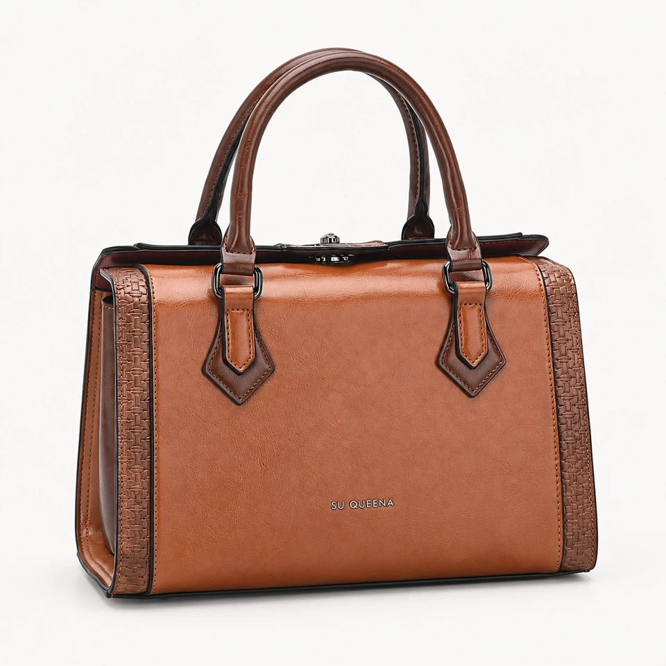 SU QUEENA 2813 cognac and dark brown satchel with embossed trim.