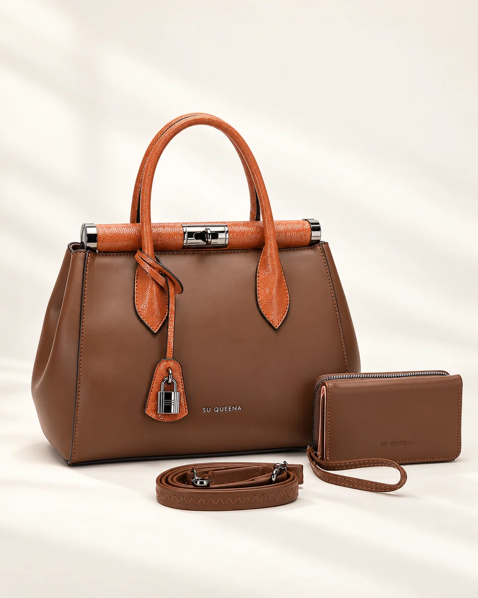 Model 2896, front three-quarter view with twin handles, an upper metal bar, wallet and shoulder strap.