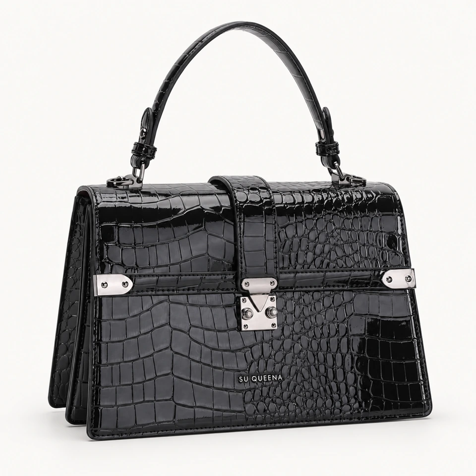 SU QUEENA 2996 black embossed top-handle bag with silver hardware.
