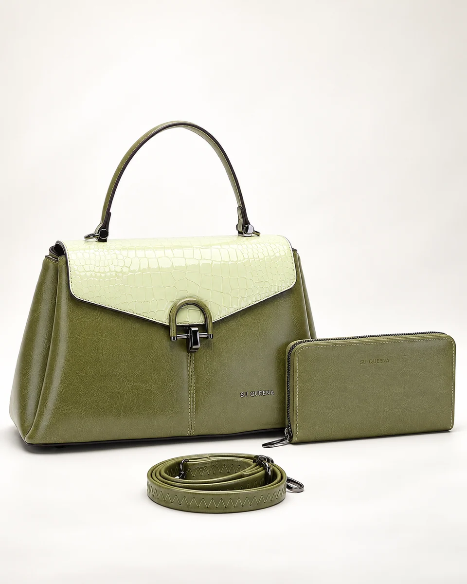 SU QUEENA 3016 olive bag with pale crocodile-emboss flap, wallet and strap