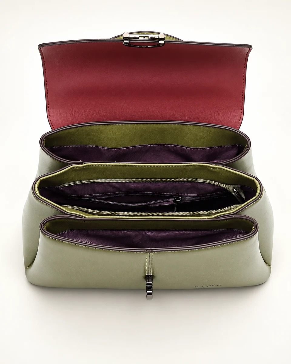 SU QUEENA 3016 open olive bag with plum lining and three sections