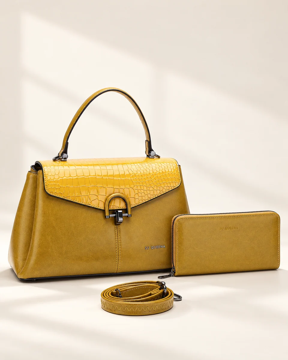 Model 3016, front three-quarter view with a curved clasp, shown with a wallet and shoulder strap.