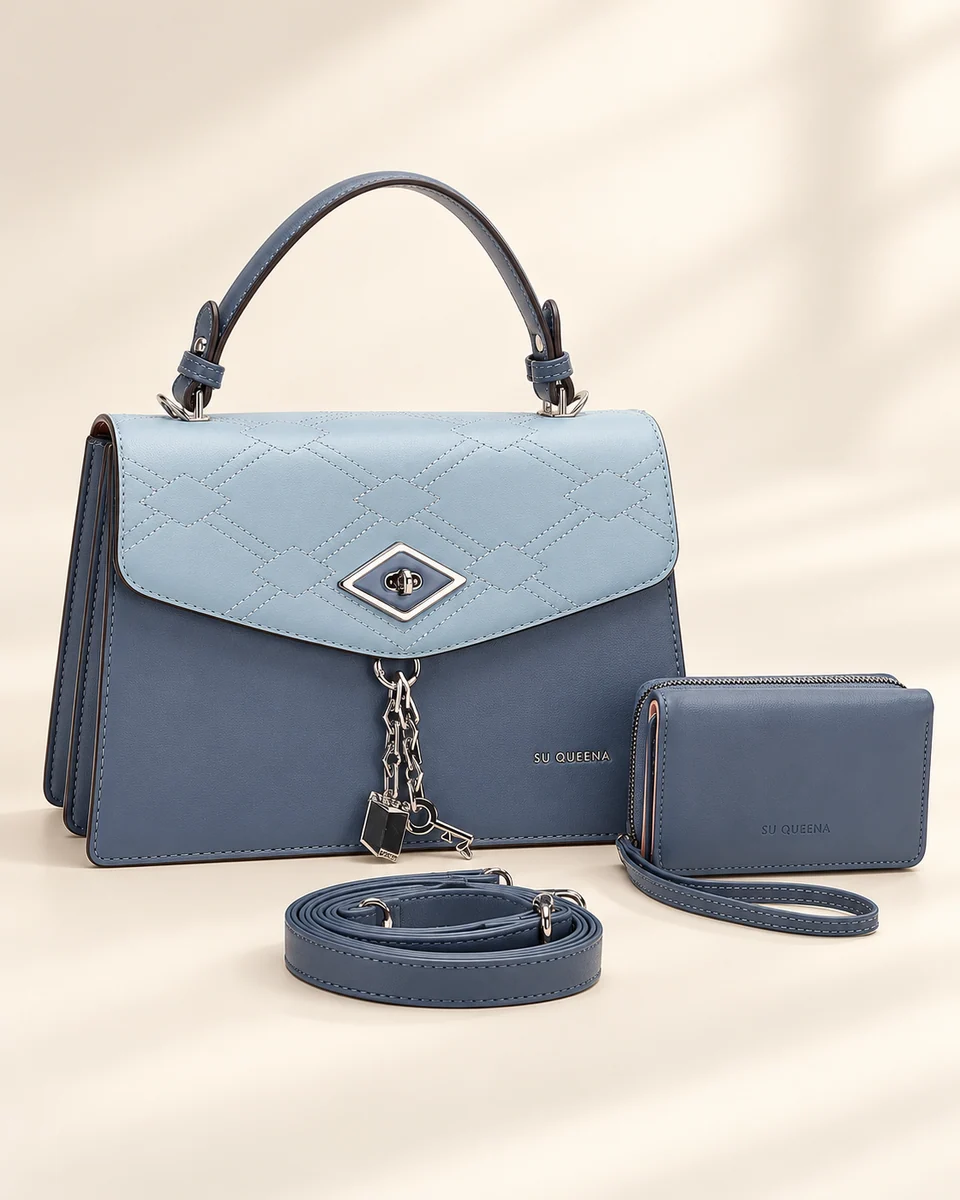 Model 3088, front three-quarter view with a quilted flap, hanging hardware, wallet and shoulder strap.