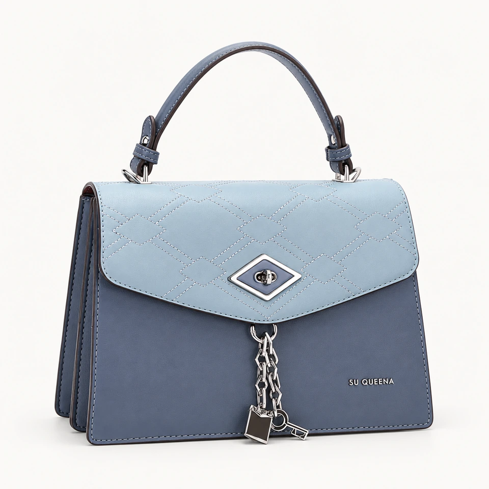 SU QUEENA 3088 slate and pale blue top-handle bag with chain charm.