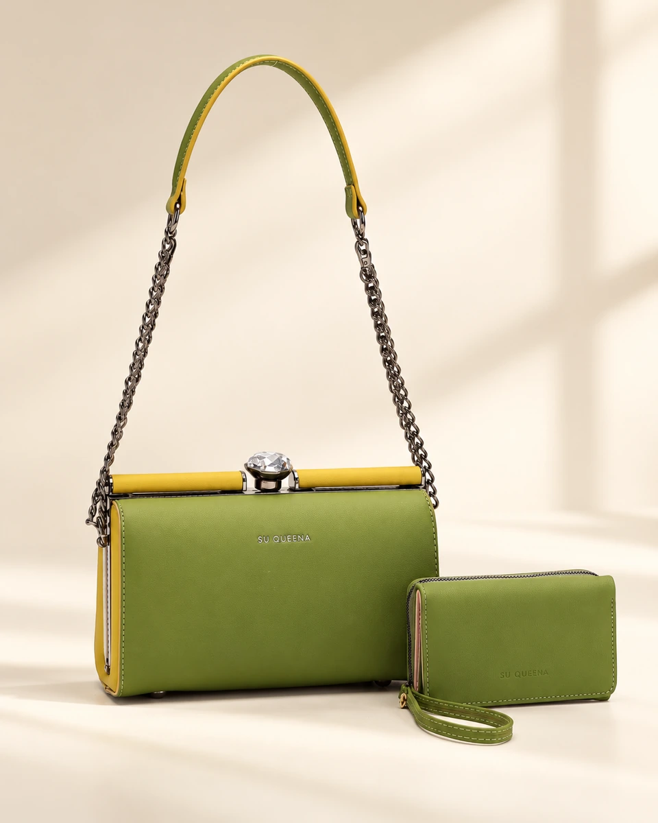 Model 3174, rectangular frame bag with a chain strap and decorative clasp, shown with a wallet.