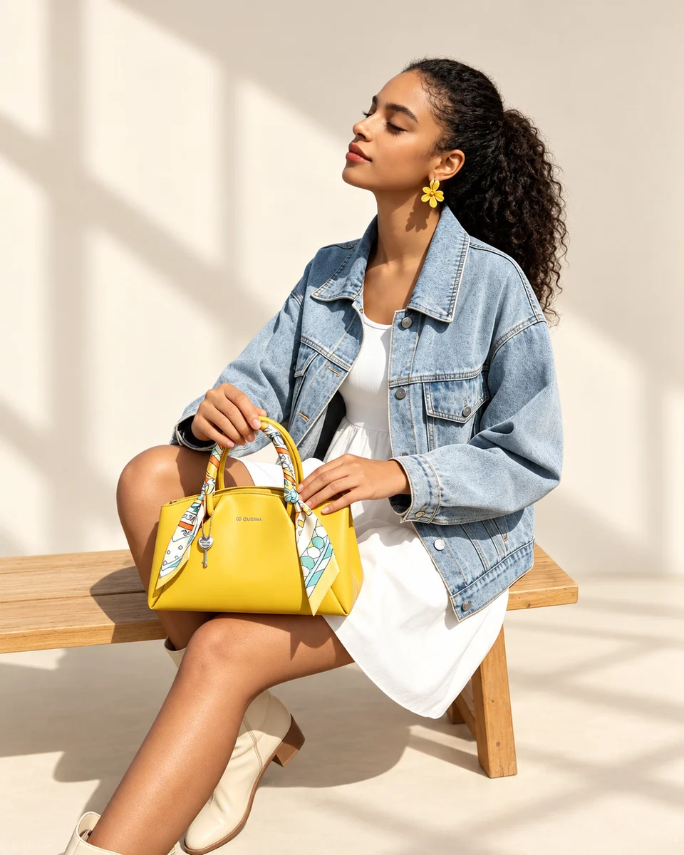 Model seated in a denim jacket and white dress holding the yellow SU QUEENA 3177 bag