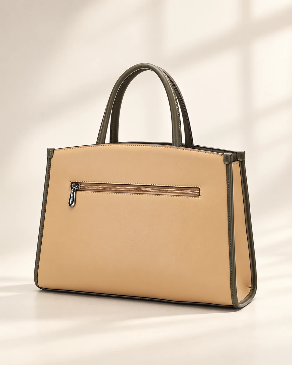 SU QUEENA 3184 apricot and olive tote rear zip pocket view