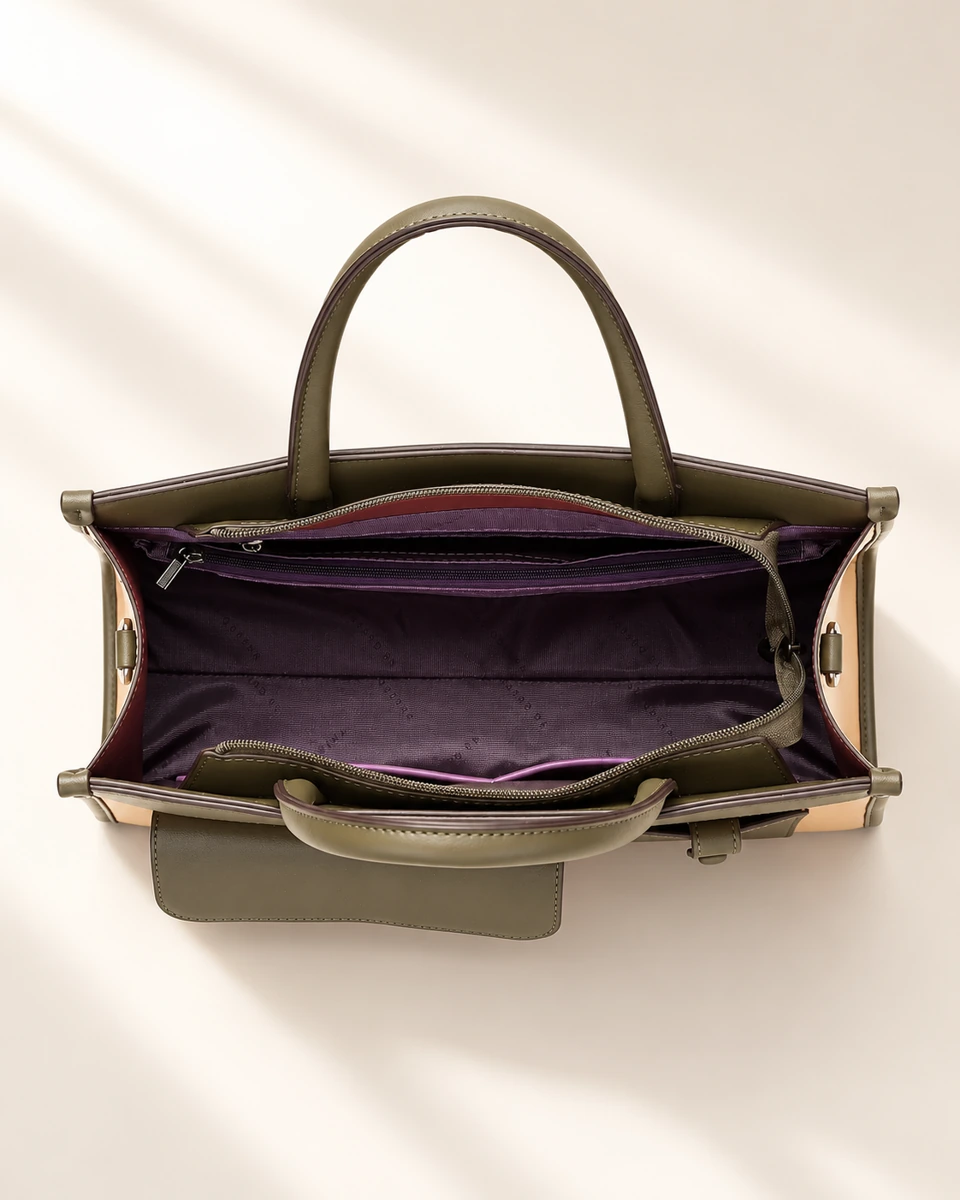 SU QUEENA 3184 open apricot and olive tote with plum lining