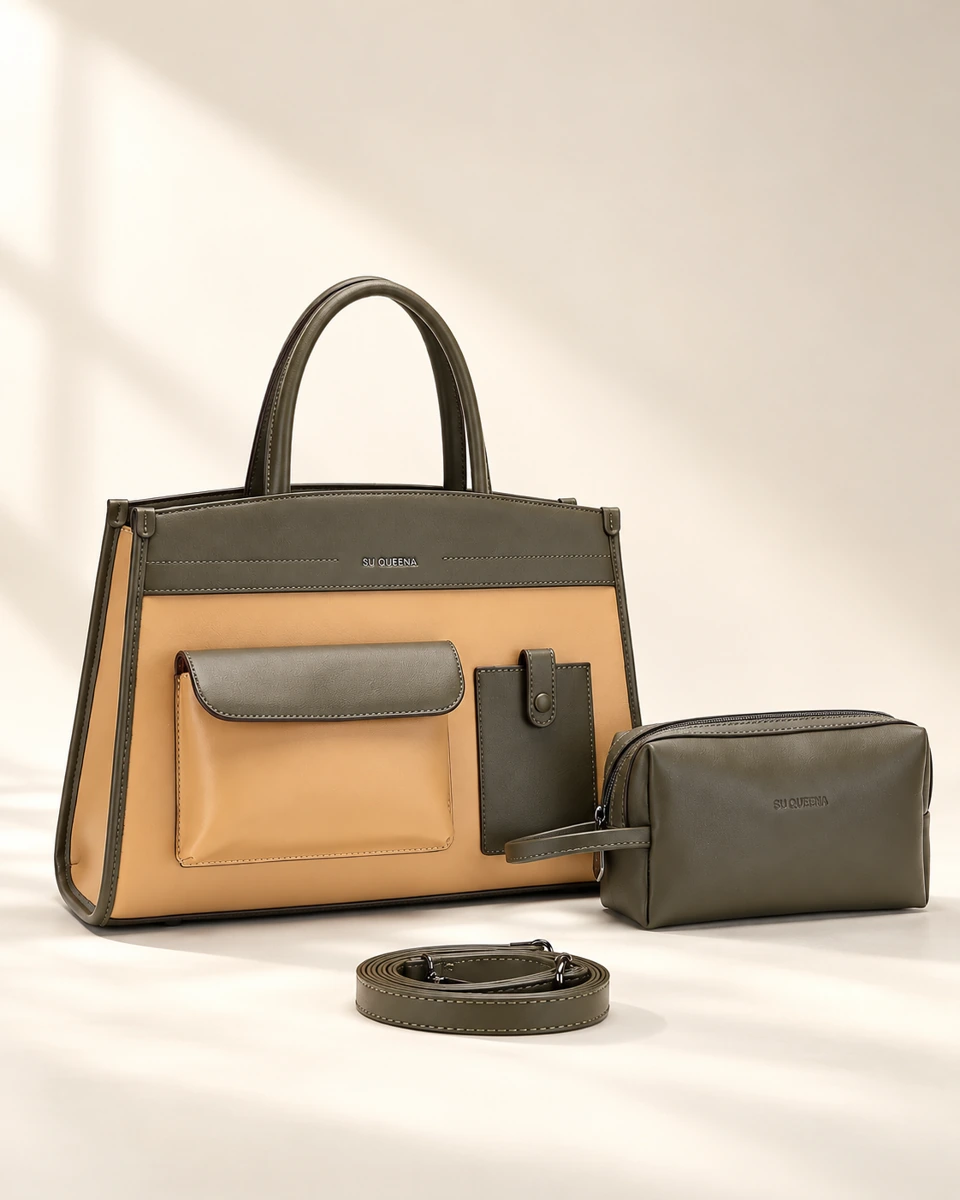 Model 3184, twin-handle tote with an external front pocket, shown with a pouch and coiled shoulder strap.