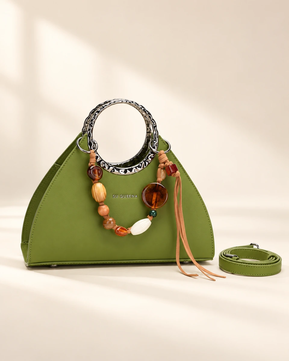 SU QUEENA 3203 olive triangular bag with ring handles, beaded charm and shoulder strap