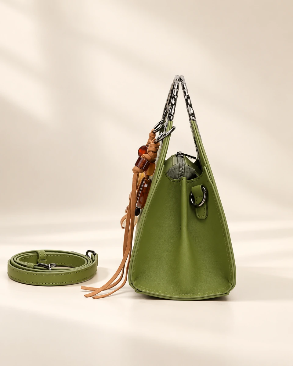 SU QUEENA 3203 olive bag side profile with bead charm and shoulder strap