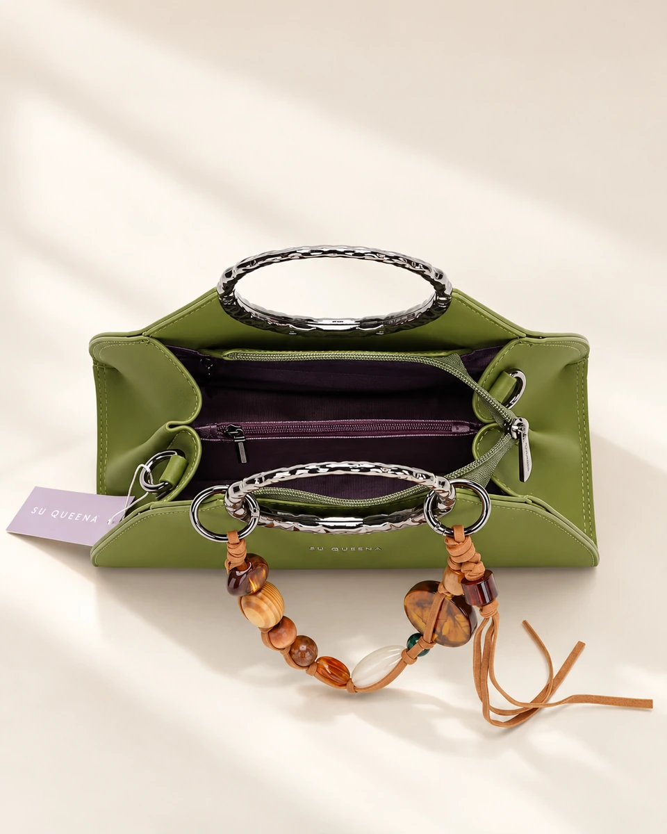 SU QUEENA 3203 open olive bag with plum lining and zipper divider