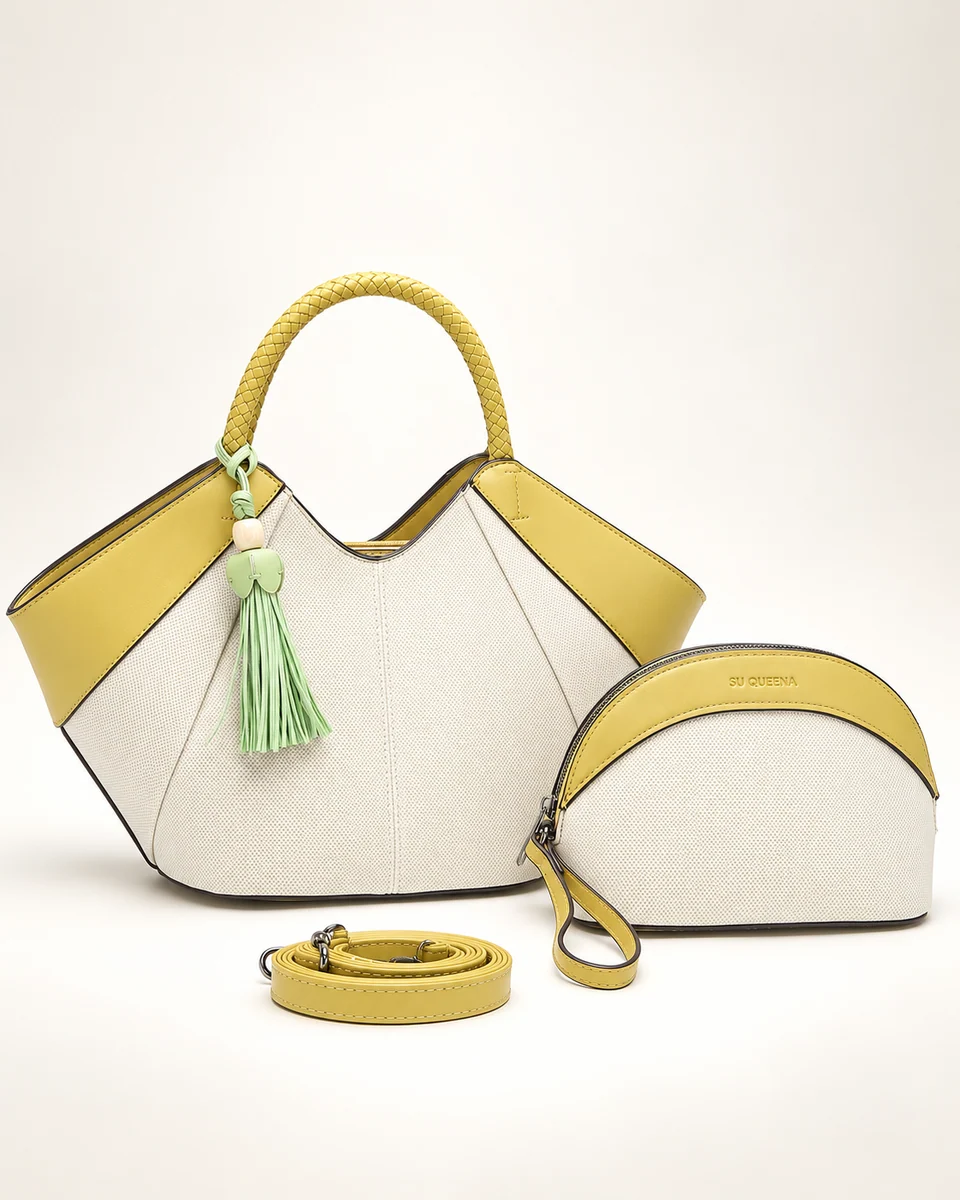 SU QUEENA 3208 ivory and yellow bag with green tassel, pouch and strap