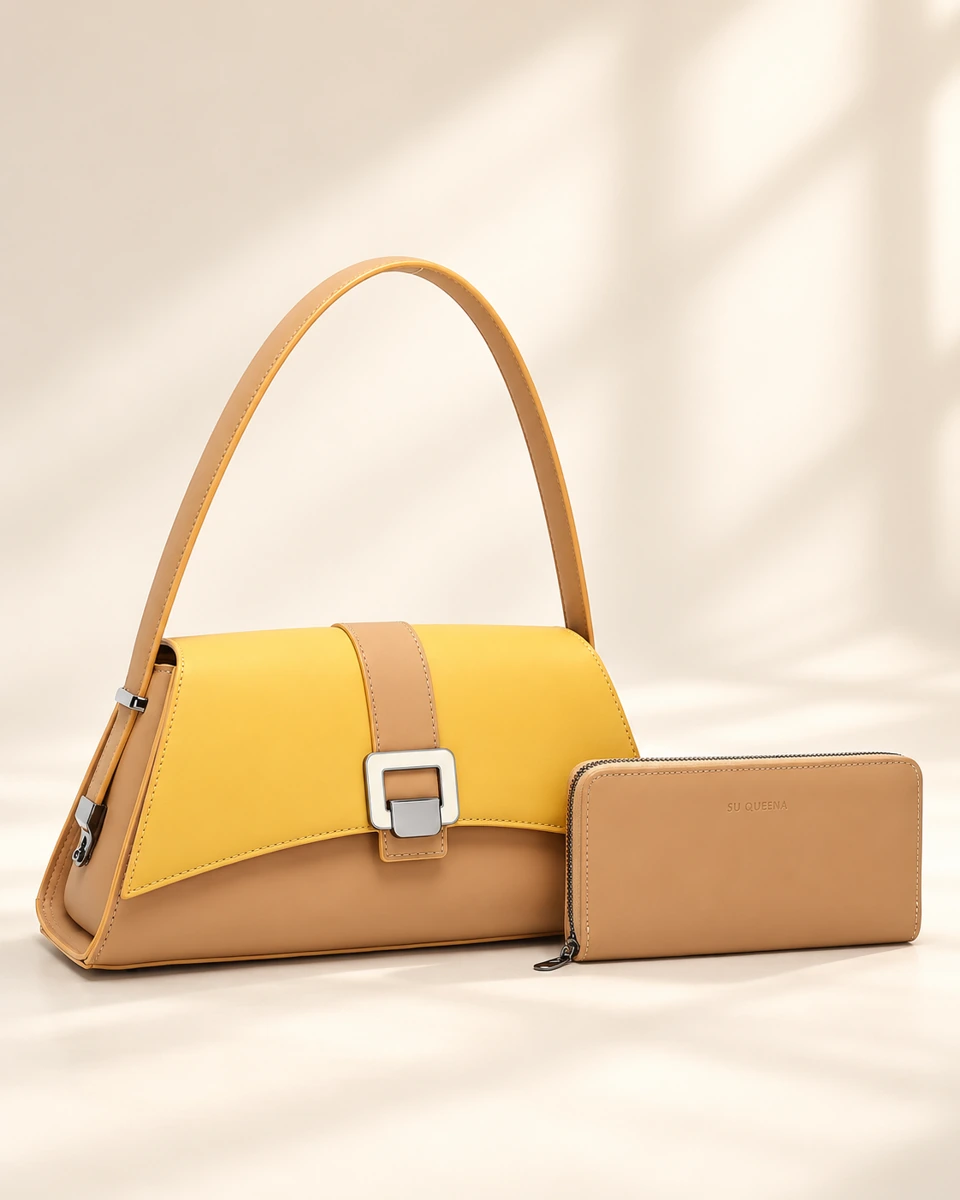 SU QUEENA 3253 yellow-flap and camel shoulder bag with wallet